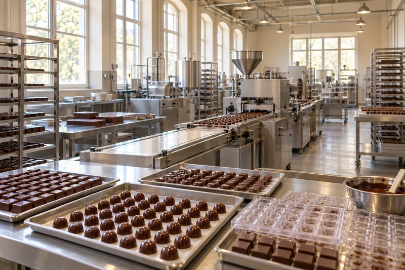 Illustrative chocolate factory work area with molds, chocolate pieces and a stainless steel production line