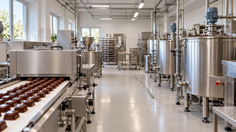 Illustrative chocolate factory interior with stainless steel processing equipment and an organized production floor