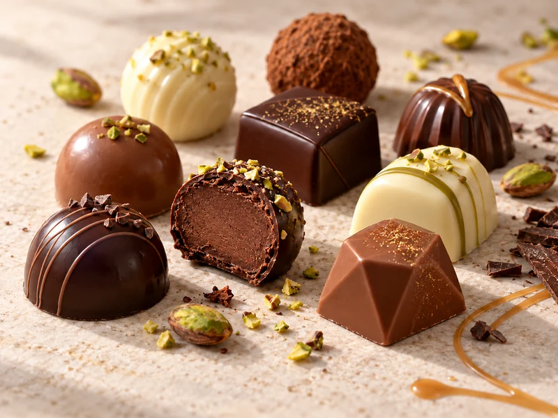 Illustrative dark, milk and white chocolate bonbons and truffles, including a cut ganache center