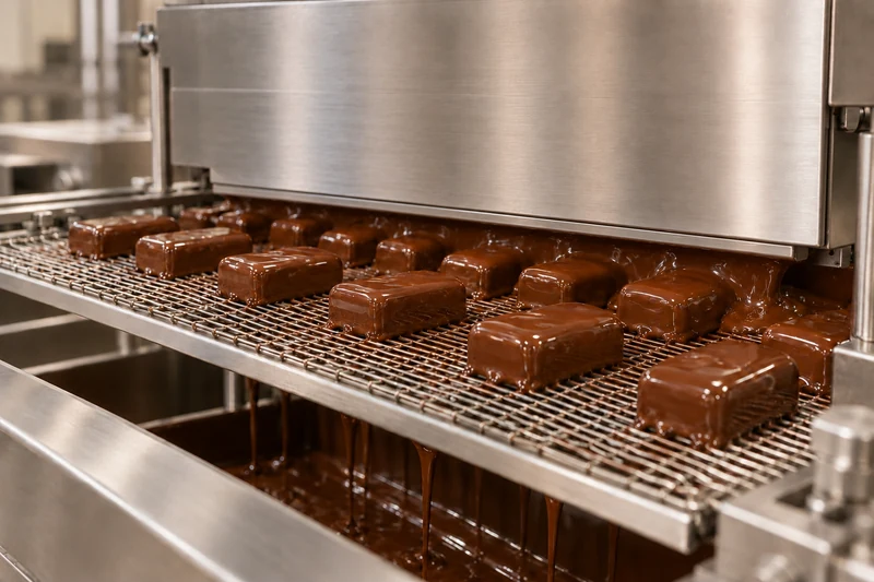 Illustrative confection centers on a wire conveyor passing through a curtain of chocolate in an enrober