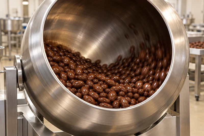 Illustrative view of chocolate-coated centers tumbling inside a tilted stainless steel panning drum